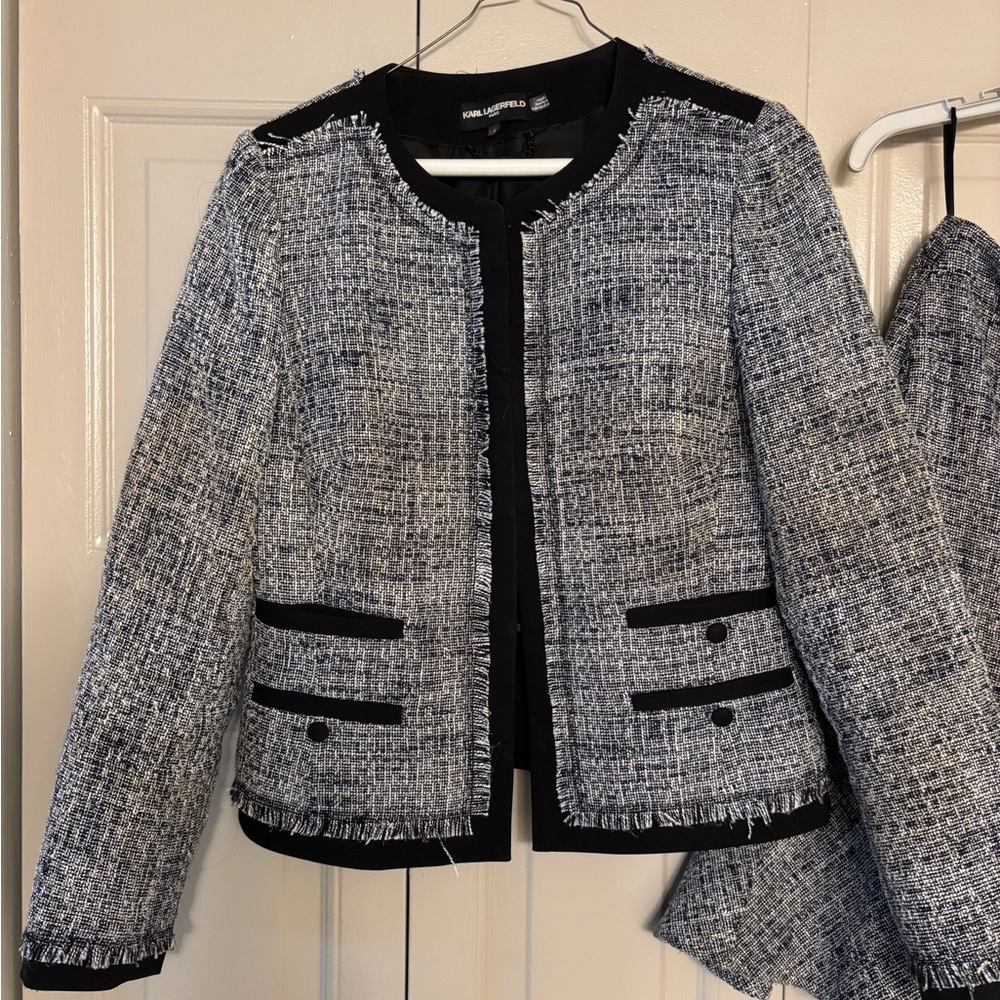 Karl Lagerfeld Black and Gray Tweed Blazer and Skirt Set